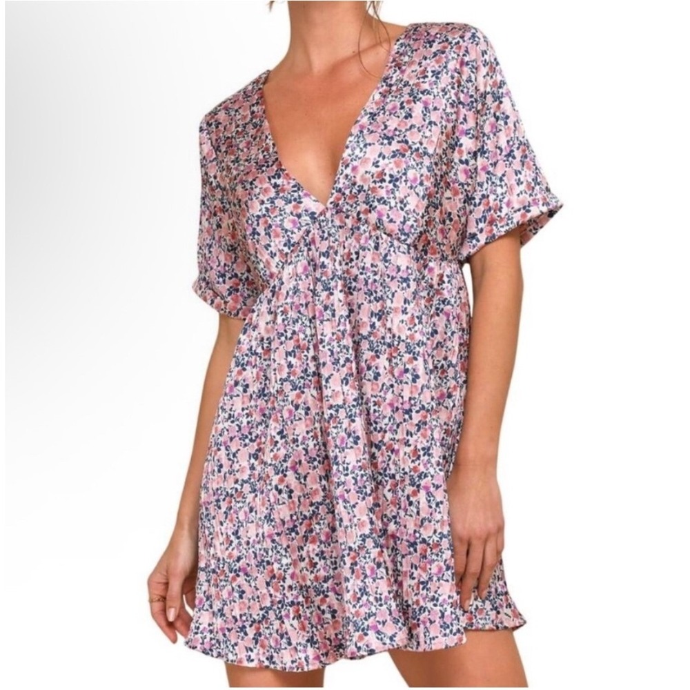 Lulus Floral Babydoll Mini Dress Womens S Pink V Neck Open Back Boho Cottage